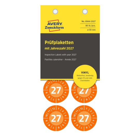 Förpackningsbild: Avery Zweckform Non A4 inspektionsetiketter, Artikel: 6944-2027, Format: ⌀ 30 mm, Innehåll: 80 inspektionsetiketter / 10 ark, 8 inspektionsetiketter/ark
