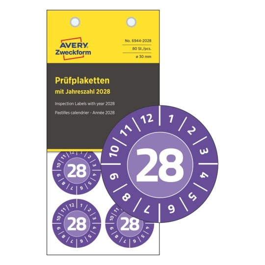 Denna bild visar ett paket inspektionsetiketter för år 2028, där siffran 28 framträder tydligt. Etiketterna är lila och cirkulära med en diameter på 30 mm.