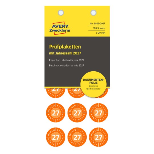 Förpackningsbild: Avery Zweckform Non A4 inspektionsetiketter, artikel: 6945-2027, format: ⌀ 20 mm, innehåll: 120 inspektionsetiketter / 8 ark, 15 inspektionsetiketter/ark