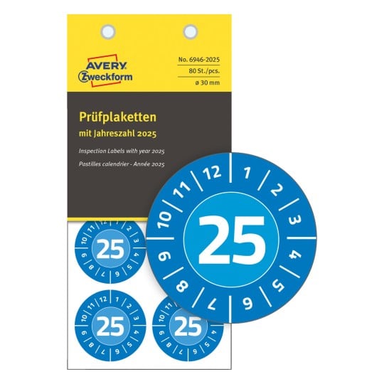 Förpackningsbild med kontrollmärke: Avery Zweckform kontrollmärken, artikel: 6946-2025, format: ⌀ 30 mm, innehåll: 80 kontrollmärken / 10 ark, 8 kontrollmärken/ark.