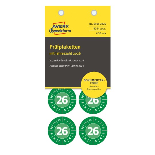 Förpackningsbild: Avery Zweckform Non A4 Inspektionsetiketter, Artikel: 6946-2026, Format: ⌀ 30 mm, Innehåll: 80 inspektionsetiketter / 10 ark, 8 inspektionsetiketter/ark