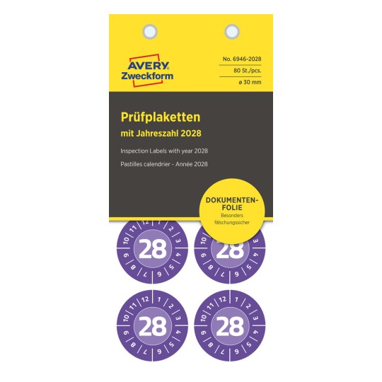 Bilden visar inspektionsetiketter för år 2028. Den inkluderar fyra cirkulära etiketter med siffran 28, tryckta i lila och vitt, tillsammans med produktdetaljer från Avery.