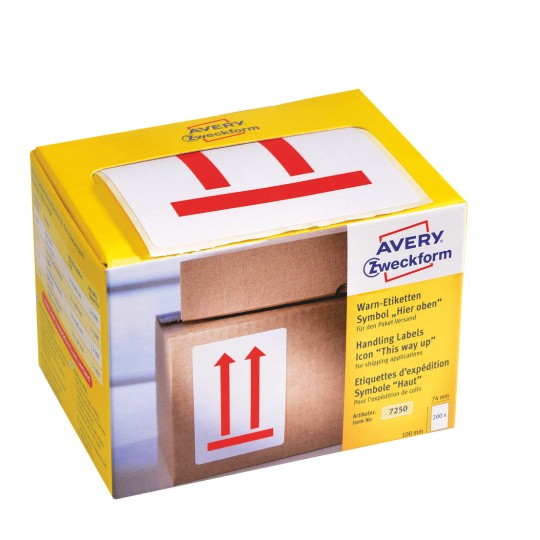 Förpackningsbild: Avery Zweckform varningsetiketter, förtryckta, artikel: 7250, format: 74 x 100 mm, innehåll: 1 etikett / 1 rulle, etiketter/rulle?