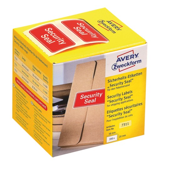 Förpackningsbild: Avery Zweckform säkerhetsetiketter, förtryckta, artikel: 7311, format: 38 x 20 mm, innehåll: 200 etiketter / 1 rulle, 200 etiketter/rulle.