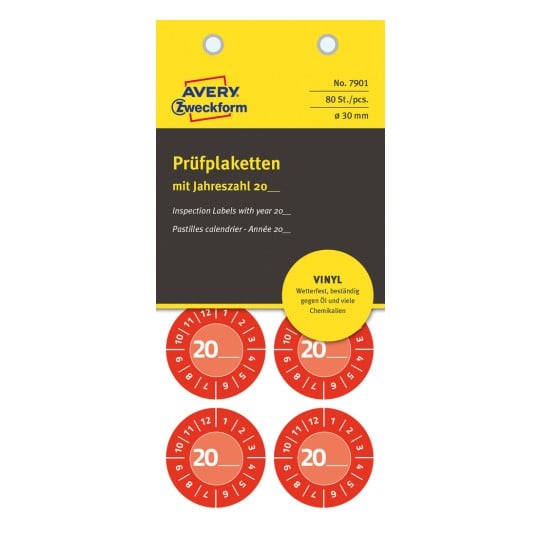 Förpackningsbild: Avery Zweckform Non A4 inspektionsmärken, artikel: 7901, format: ⌀ 30 mm, innehåll: 80 inspektionsmärken / 10 ark, 8 inspektionsmärken/ark