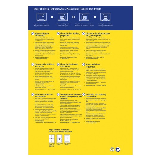 Den här bilden innehåller information om skylthållare, inklusive instruktioner om deras användning, fördelar och kontaktinformation för olika länder. Texten presenteras på flera språk och belyser användningsområden och fördelar med skylthållarna för att identifiera föremål och hålla ytor fria.
