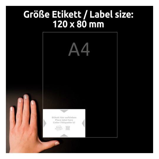 Storleksjämförelse med hand, Artikelnummer: 8001-5, ett ark bärande etiketter, format: 120 x 80 mm, färg: vit, ljusgrå?