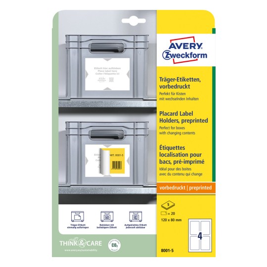 Förpackningsbild: Avery Zweckform bärar-etiketter, Artikel: 8001-5, Format: 120 x 80 mm, Utskriftslämplighet: Förtryckt, Innehåll: 20 etiketter / 5 ark, 4 etiketter/ark.
