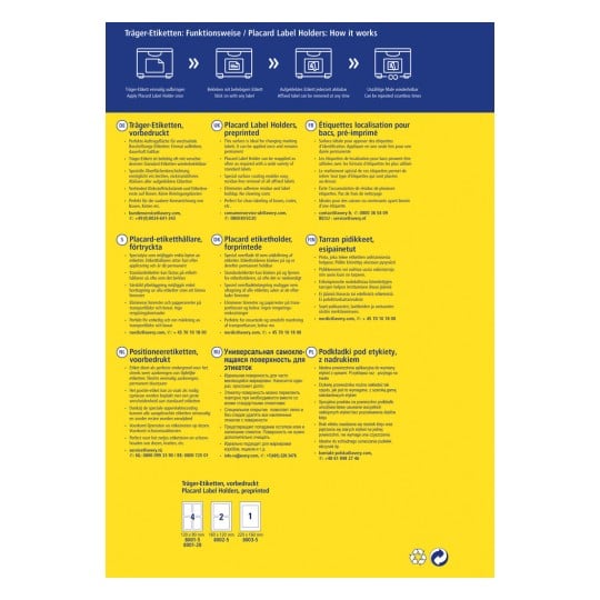 Ett produktinformationsblad som beskriver skyltetikettshållare och deras egenskaper på flera språk.