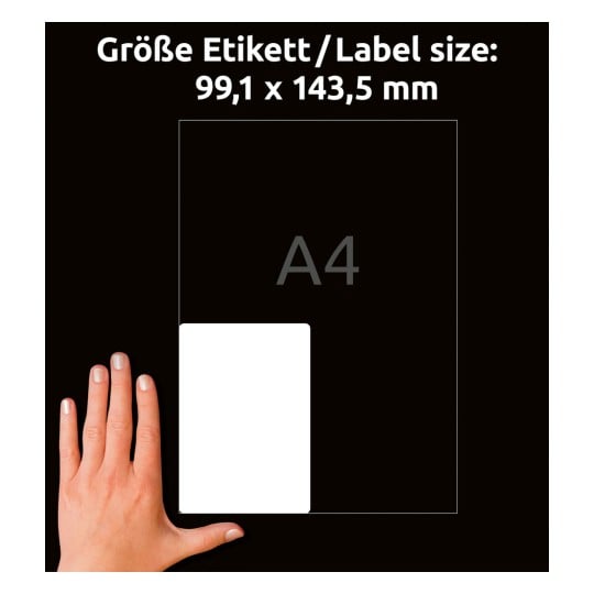 Storleksjämförelse med hand, artikel: 8017-300, ett ark fraktetiketter, format: 99,1 x 143,5 mm, färg: vit.