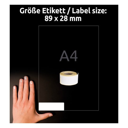 Storleksjämförelse med hand, Artikel: A1933081, ett ark rulletiketter, format: 25 x 89 mm, färg: Vit?