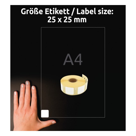 Storleksjämförelse med hand, artikel: A1933083, ett ark med rulletiketter, format: 25 x 25 mm, färg: vit?