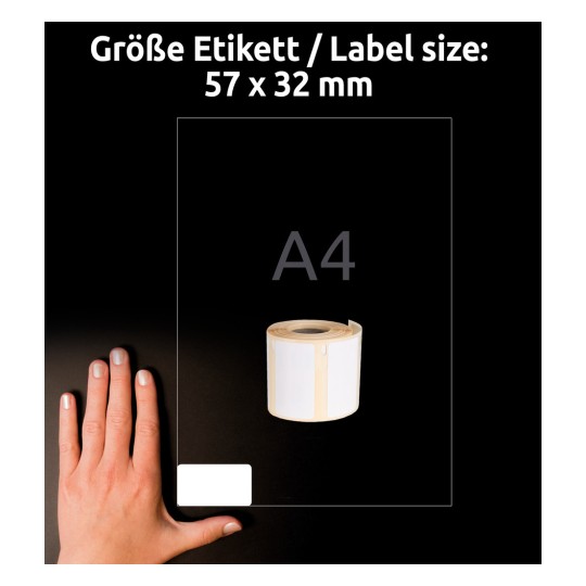 Storleksjämförelse med hand, artikel: A1933084, ett ark med rulletiketter, format: 32 x 57 mm, färg: vit.