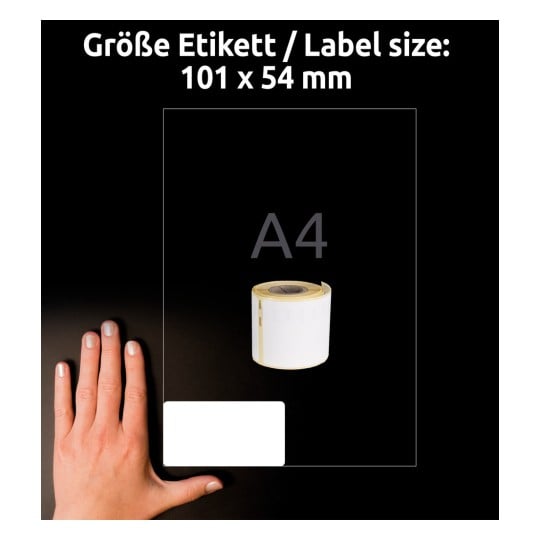 Storleksjämförelse med hand, artikel: A1933086, ett ark rulletiketter, format: 104 x 159 mm, färg: vit?