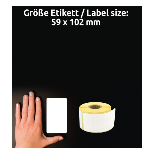 Storleksjämförelse med hand, artikelnummer: A1933088, ett ark rulletiketter, format: 59 x 102 mm, färg: vit.