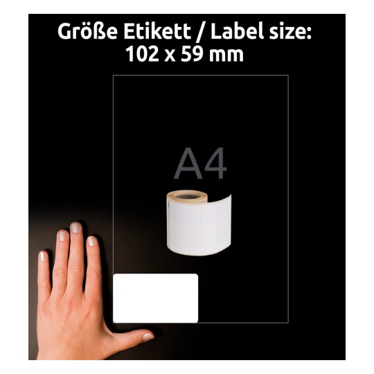Storleksjämförelse med hand, artikel: A1976414, ett ark rulletiketter, format: 59 x 102 mm, färg: vit?