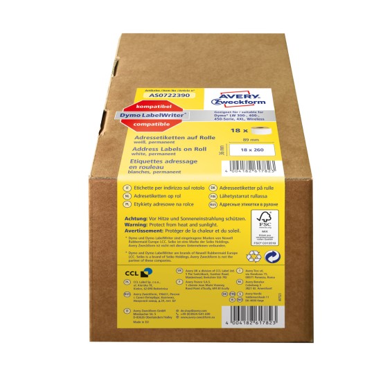 Förpackningsbild: Avery Zweckform, Artikel: AS0722390, Format: 36 x 89 mm, Skrivarberedskap: Direkttermoskrivare, Dymo LabelWriter * 300-serien, 400-serien, 450-serien, 4XL, trådlös, Innehåll: 4 680 etiketter / 18 rullar, 260 etiketter/rulle.