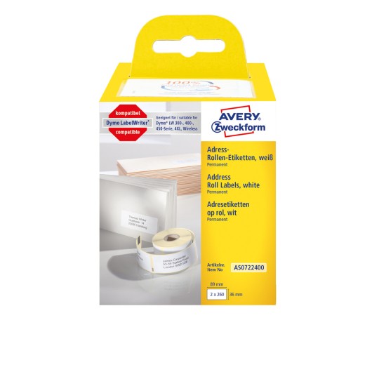 Förpackningsbild: Avery Zweckform, Artikel: AS0722400, Format: 36 x 89 mm, Skrivarinställning: Direkttermoskrivare, Dymo LabelWriter* 300-serien, 400-serien, 450-serien, 4XL, Wireless, Innehåll: 520 etiketter / 2 rullar, 260 etiketter/rulle.