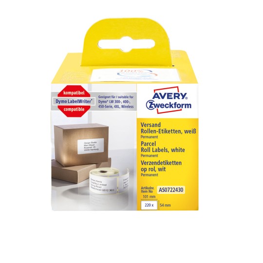 Förpackningsbild: Avery Zweckform, Artikel: AS0722430, Format: 54 x 101 mm, Tryckmediet: Termodirektskrivare, Dymo LabelWriter* 300-serien, 400-serien, 450-serien, 4XL, Trådlös, Innehåll: 220 etiketter / 1 rulle, 220 etiketter/rulle?