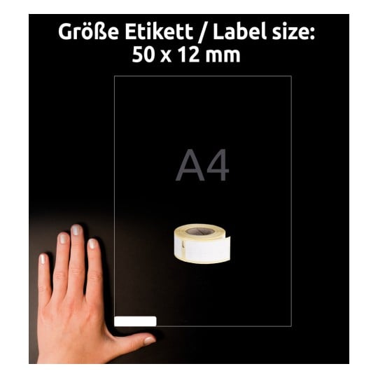 Storleksjämförelse med hand, Artikel: AS0722460, ett ark rulletiketter, format: 12 x 50 mm, färg: vit?