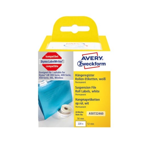 Förpackningsbild: Avery Zweckform, Artikel: AS0722460, Format: 12 x 50 mm, Utskriftsmöjlighet: Termodirektskrivare, Dymo LabelWriter* 300-serie, 400-serie, 450-serie, 4XL, Wireless, Innehåll: 220 etiketter / 1 rulle, 220 etiketter/rulle