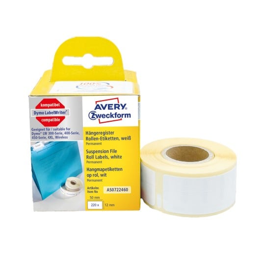 Förpackningsbild med etikettband: Avery Zweckform rulletiketter, Artikel: AS0722460, Format: 12 x 50 mm, Skrivarens lämplighet: Direct termisk skrivare, Dymo LabelWriter* 300-serien, 400-serien, 450-serien, 4XL, trådlös, Innehåll: 220 etiketter / 1 rulle, 220 etiketter/rulle.