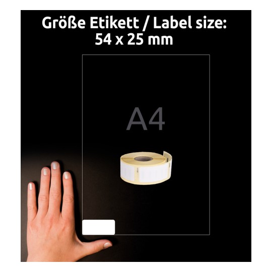 Storleksjämförelse med hand, artikel: AS0722520, ett ark med rulletiketter, format: 25 x 54 mm, färg: vit?