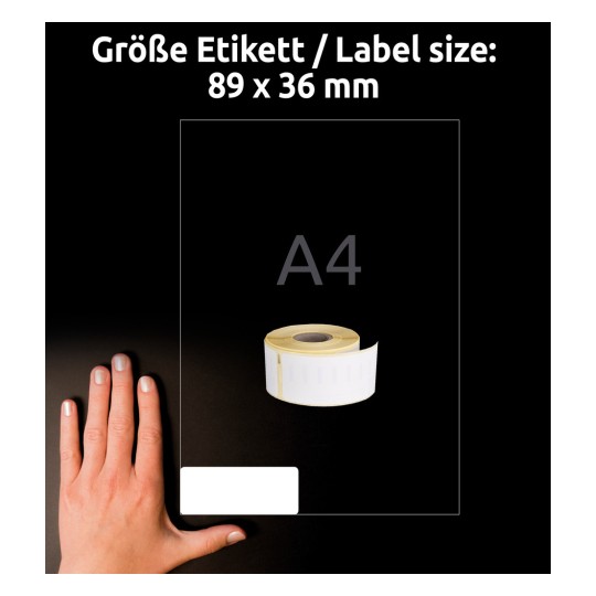 Storleksjämförelse med hand, Artikel: ASS0722400, ett ark rulletiketter, Format: 36 x 89 mm, Färg: Vit.