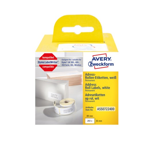 Förpackningsbild: Avery Zweckform, Artikel: ASS0722400, Format: 36 x 89 mm, Tryckändamål: Termodirekt-skrivare, Dymo LabelWriter* 300-serien, 400-serien, 450-serien, 4XL, Wireless, Innehåll: 260 etiketter / 1 rulle, 260 etiketter/rulle.