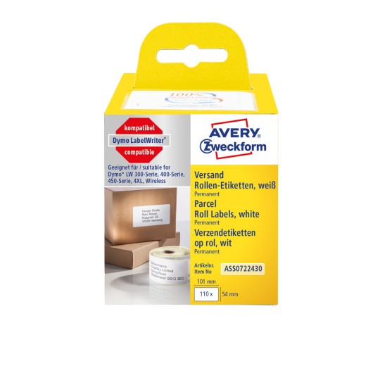 Förpackningsbild: Avery Zweckform, Artikel: ASS0722430, Format: 54 x 101 mm, Trycklämplighet: Termodirekt-skrivare, Dymo LabelWriter* 300-serien, 400-serien, 450-serien, 4XL, Wireless, Innehåll: 110 etiketter / 1 rulle, 110 etiketter/rulle?