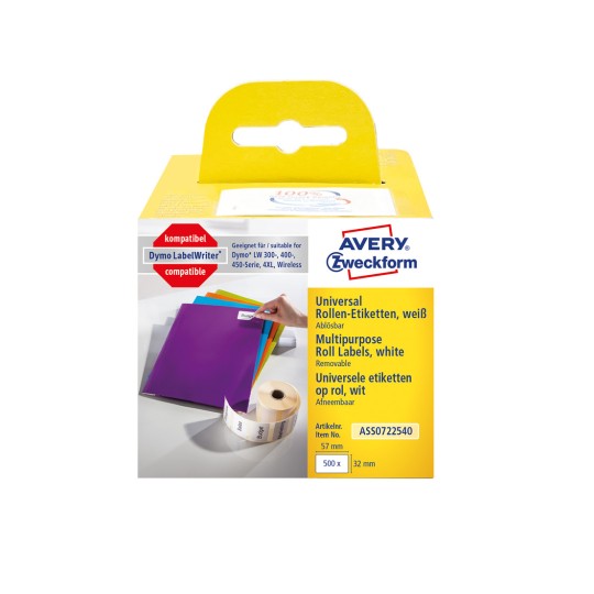Förpackningsbild: Avery Zweckform, Artikel: ASS0722540, Format: 32 x 57 mm, Utskriftslämplighet: Direkttermosskrivare, Dymo LabelWriter* 300-serien, 400-serien, 450-serien, 4XL, Wireless, Innehåll: 500 etiketter / 1 rulle, 500 etiketter/rulle?