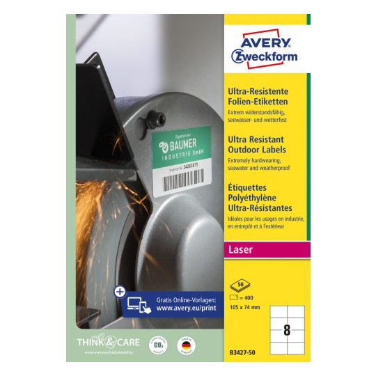 Förpackningsbild: Avery Zweckform Ultra Resistente Utomhusetiketter, Artikel: B3427-50, Format: 105 x 74 mm, Tryckbarhet: Laser svart/vitt, färglaser, Innehåll: 400 etiketter / 50 ark, 8 etiketter/ark