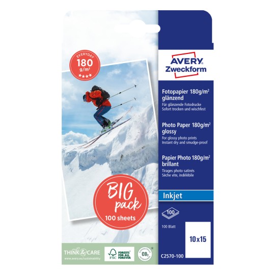 Förpackningsbild: Avery Zweckform Classic Inkjet fotopapper, Artikel: C2570-100, Format: 100 x 150 mm, Skrivarkompatibilitet: Inkjet, Innehåll: 100 ark