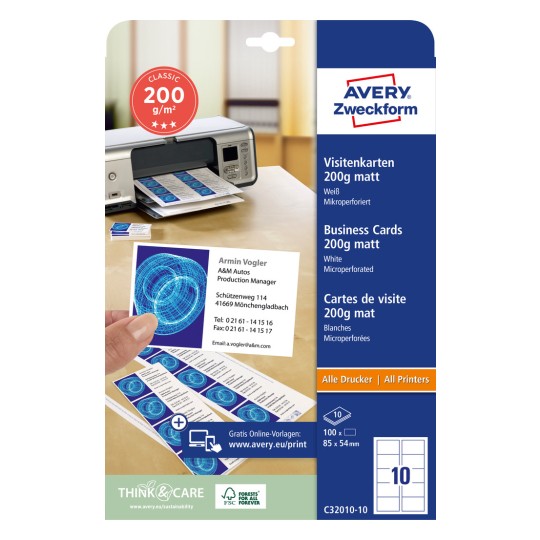 Förpackningsbild: Avery Zweckform Alla skrivare, Artikel: C32010-10, Format: 85 x 54 mm, Skrivarpassning: Bläckstråle, Färglaserskrivare, Svartvitt laserskrivare, Kopiator, Innehåll: 100 kort / 10 ark, 10 kort/ark?