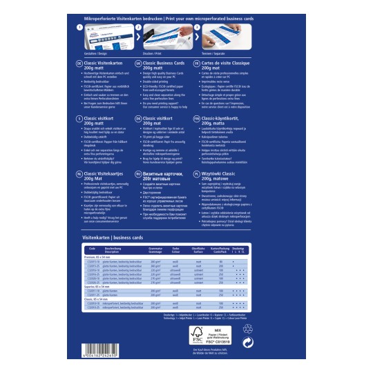 Bilden visar en guide för utskrift av mikroperforerade visitkort. Den innehåller information på flera språk om kortspecifikationer, funktioner och utskriftsalternativ.