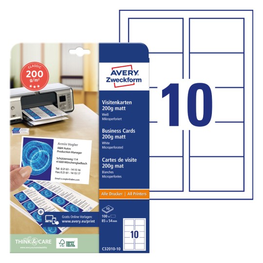 Förpackningsbild med kartark: Avery Zweckform Classic visitkort, Artikel: C32010-10, Format: 85 x 54 mm, Tryckmöjligheter: Bläckstråle, Färglaser, Svartvit laser, Kopiator, Innehåll: 100 kort / 10 ark, 10 kort/ark.