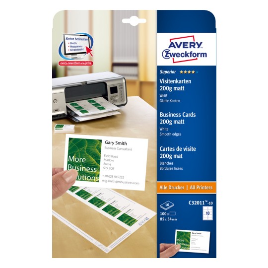 Förpackningsbild: Avery Zweckform Alla Skrivare, Artikel: C32011-10, Format: 85 x 54 mm, Utskriftslämplighet: Bläckstråle, Färglaser, Svartvit laser, Kopiator, Innehåll: 100 kort / 10 ark, 10 kort/ark