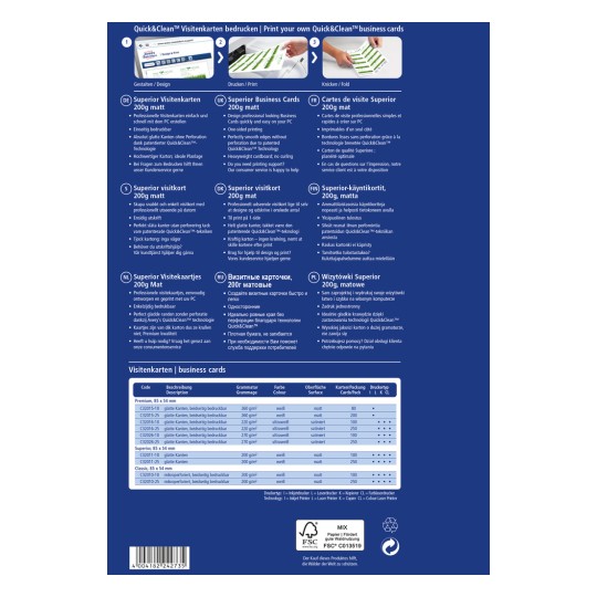 Bilden är en produktguide för Quick&Clean visitkort, med information om tryckalternativ, material, dimensioner och olika språk. Den lyfter fram produktspecifikationerna och ger instruktioner för att designa och skriva ut kort hemma.
