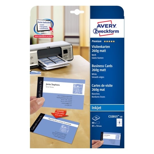 Förpackningsbild: Avery Zweckform Inkjet, Artikel: C32015-10, Format: 85 x 54 mm, Skrivare: Inkjet, Innehåll: 80 kort / 10 ark, 8 kort/ark