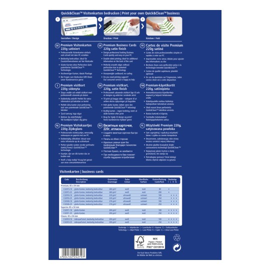 Bilden är en detaljerad produktinformationsblad för Quick&Clean visitkort, som specificerar olika typer, vikter, ytbehandlingar och tryckalternativ som finns tillgängliga. Den innehåller flera språk och lyfter fram viktiga egenskaper hos produkterna.