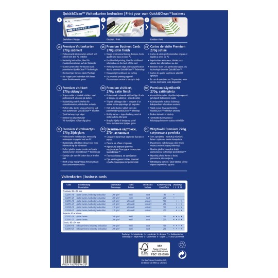 Bilden innehåller ett produktinformationsblad för Quick&Clean-viskort. Detaljerna omfattar olika specifikationer, format och funktioner för premium visitkort tillgängliga för utskrift, inklusive material och storlekar på flera språk.