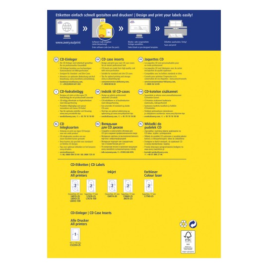 Bilden visar information om CD-fodralinsatser och etiketter, inklusive design- och utskriftsalternativ. Den finns tillgänglig på flera språk med detaljer om produktspecifikationer, skrivarkompatibilitet och beställningsinformation.