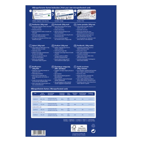 En informationsgrafik om att skriva ut mikrohålkort, med instruktioner och detaljer på flera språk om vykortsspecifikationer, inklusive dimensioner, vikt och utskriftstips.