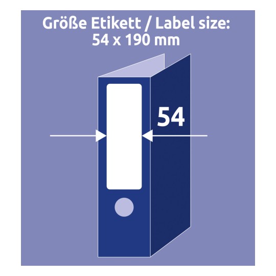 Storleksjämförelse med hand, Artikel: C32267-10, ett ark mappinsättningsetiketter, Hemmakontor, liten förpackning, Format: 54 x 190 mm, Färg: Vit?