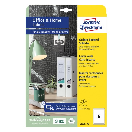 Förpackningsbild: Avery Zweckform pärmetiketter, artikel: C32267-10, format: 54 x 190 mm, utskriftskompatibilitet: bläckstråleskrivare, svartvitt laserskrivare, färglaserskrivare, innehåll: 50 stycken / 10 ark, 5 stycken/ark.
