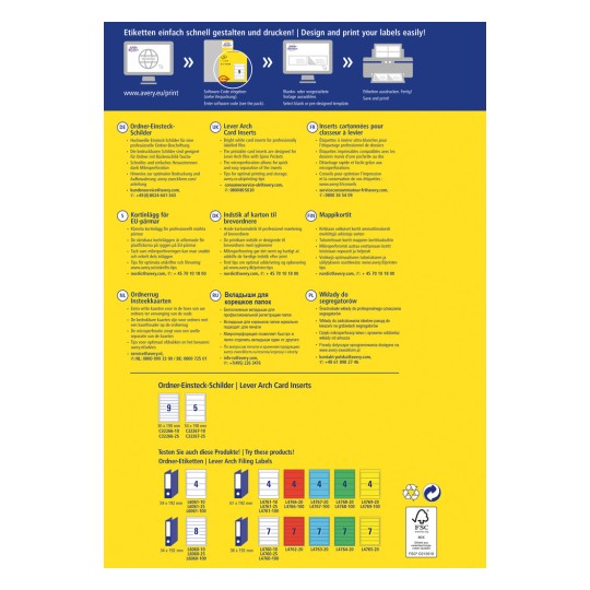 Bilden visar en marknadsföringsöversikt för Averys pärmetiketter, inklusive olika storlekar och information på flera språk. Den betonar design- och utskriftsinstruktioner för professionella etiketter, tillsammans med kontaktuppgifter för kundtjänst.
