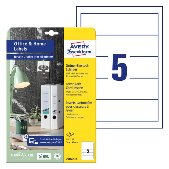 Förpackningsbild med kartblad: Avery Zweckform pärmetiketter, Home Office, liten förpackning, Artikel: C32267-10, Format: 54 x 190 mm, Utskriftsmöjlighet: Bläckstråleskrivare, svartvit laserskrivare, färglaser, Innehåll: 50 stycken / 10 ark, 5 stycken/ark.