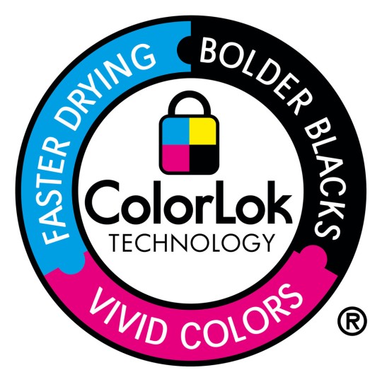Bilden visar ColorLok Technology-logotypen, som framhäver funktioner som snabbare torkning, djupare svarta färger och livfulla färger. Logotypen är cirkulär med distinkta sektioner för varje funktion och inkluderar en hänglås symbol.