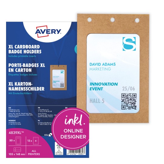 Förpackningsbild med kartblad: Avery Zweckform namnskyltar stor, Artikel: 4839XL, Format: 105 x 148 mm, Utskriftskapacitet: Laser s/v, färglaser, bläckstråle, laser, Innehåll: 50 namnskyltar / 52 insticksskyltar / 13 ark, /ark?