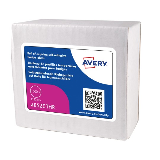 En låda innehållande en rulle med självhäftande etikettmärken från Avery, märkta för utgående användning med en storlek på 22 mm och innehållande 1000 etiketter.
